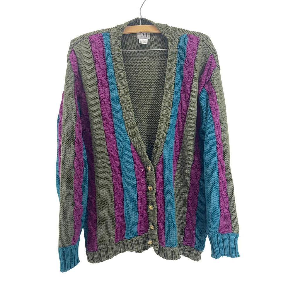 Vintage 1991 Ivy Hand Knit Cardigan Sweater Women's L Jewel Tones Chunky Grunge‎